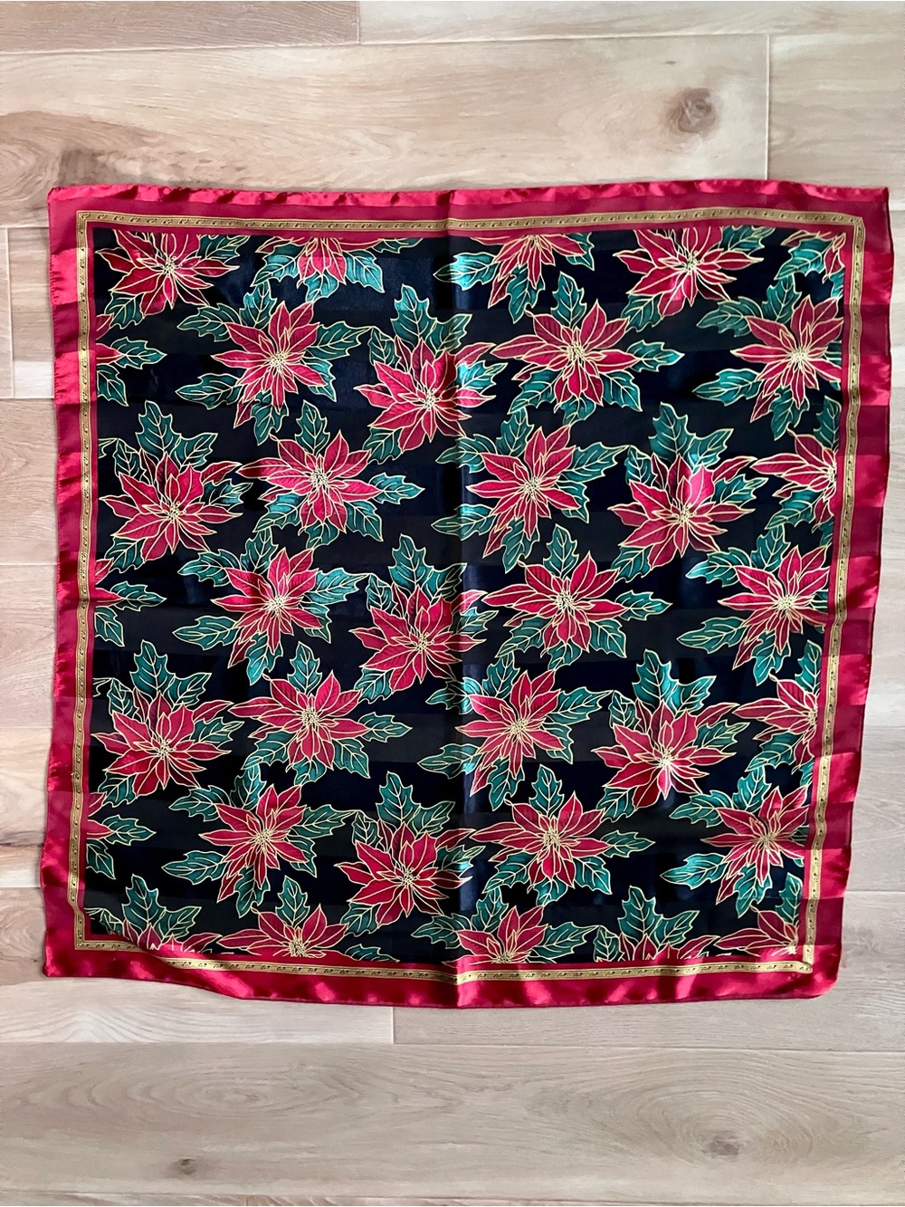 Holiday Poinsettia Satin Scarf - Red and Green